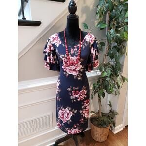 Beware Dress Women 1X Navy Pink Floral Ruffle Sleeve Stretch Bodycon Plus Size